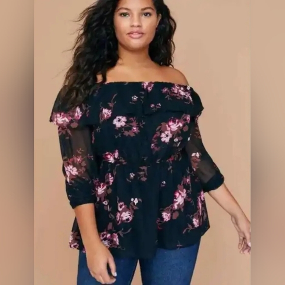 Lane Bryant Women's Size 14 Black Pink Floral Print Convertible Ruffle Top - Picture 2 of 3